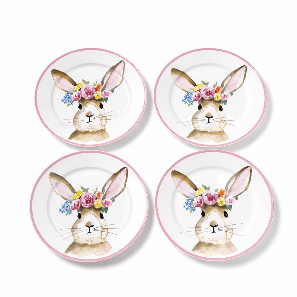 Ciroa Bunny Floral Salad Plates Set of 3 Easter Spring Beaded Rim 10.5 x 10.5”